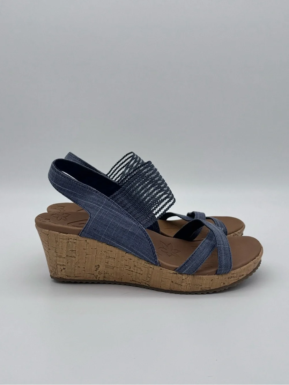 Skechers Beverlee High Tea Navy Wedge Sandals Size 9 Like New